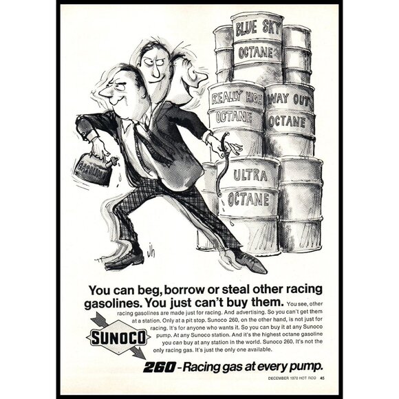 1970 Sunoco 260 Racing Gas Vintage Print Ad Oil Barrels Cartoon Thief Wall Art - Picture 1 of 2